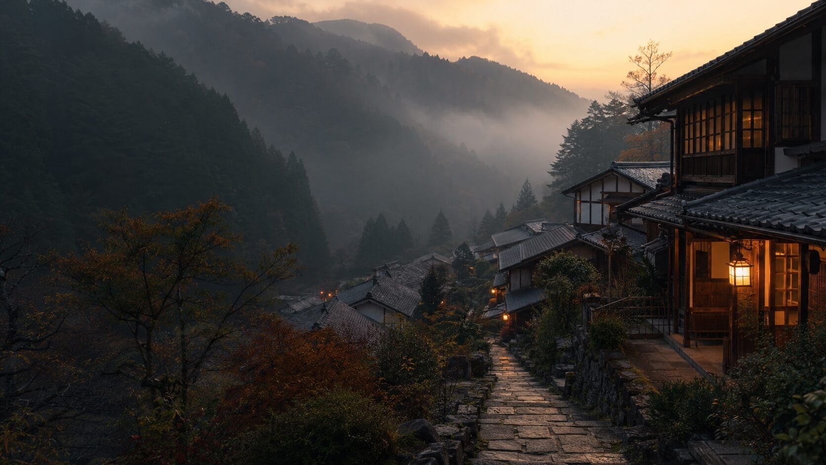 Traditional mountain village in rural Japan at sunrise
