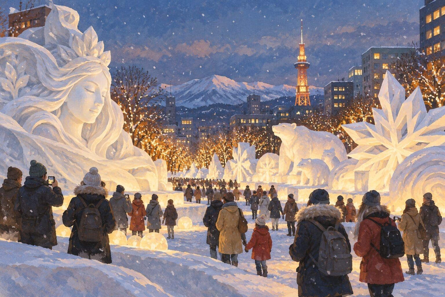 Editorial illustration of visitors and imagined snow sculptures in a winter city.